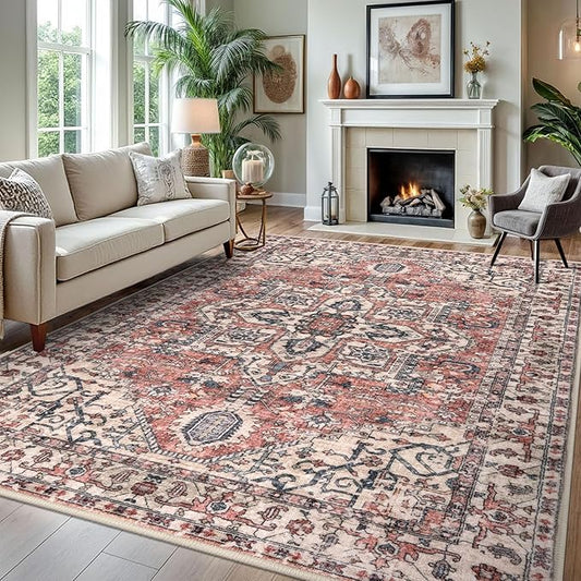 KOZYFLY Area Rug 8x10 Ft Thin Rugs for Living Room Washable Bedroom Rug Non Slip Rugs for Living Room Printed Faux Wool Vintage Bedroom Rug Floor Carpet for Dining Room, Red Salmon/Pink/Navy