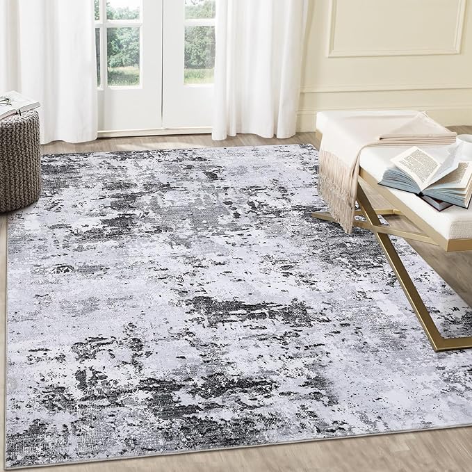 ROYHOME 9x12 Modern Abstract Accent Rug Non Slip for Living Room Stain Resistant Throw Rug Low Pile Machine Washable Indoor Floor Cover for Bedroom Office Home Decor, Grey