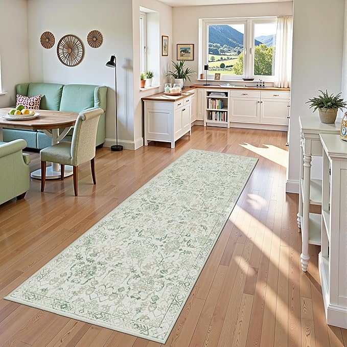 Green 3x10 Runner Rug for Hallways Bed Side Kitchen, Boho Washable Distressed Low-Pile Floor Entryway Long Bathroom Mat, Non-Slip Laundry Room Washstand Front Carpet Green 36x84 Inch