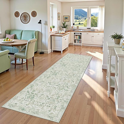 Green 3x10 Runner Rug for Hallways Bed Side Kitchen, Boho Washable Distressed Low-Pile Floor Entryway Long Bathroom Mat, Non-Slip Laundry Room Washstand Front Carpet Green 36x84 Inch