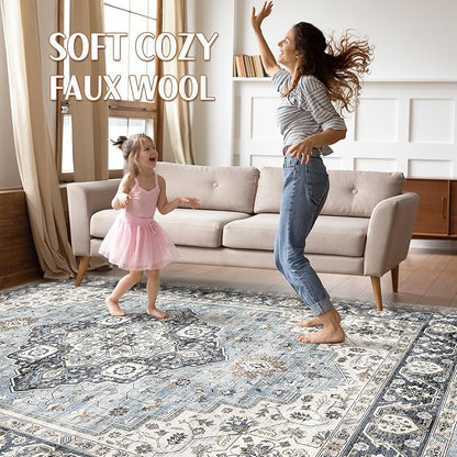 8x10 Area Rugs Living Room: Washable Boho Large Neutral Vintage Soft Rug Stain Resistant Farmhouse Non-Slip Indoor Floor Carpet for Bedroom Nursery Kids Office Dining Room Home House- Blue Tan