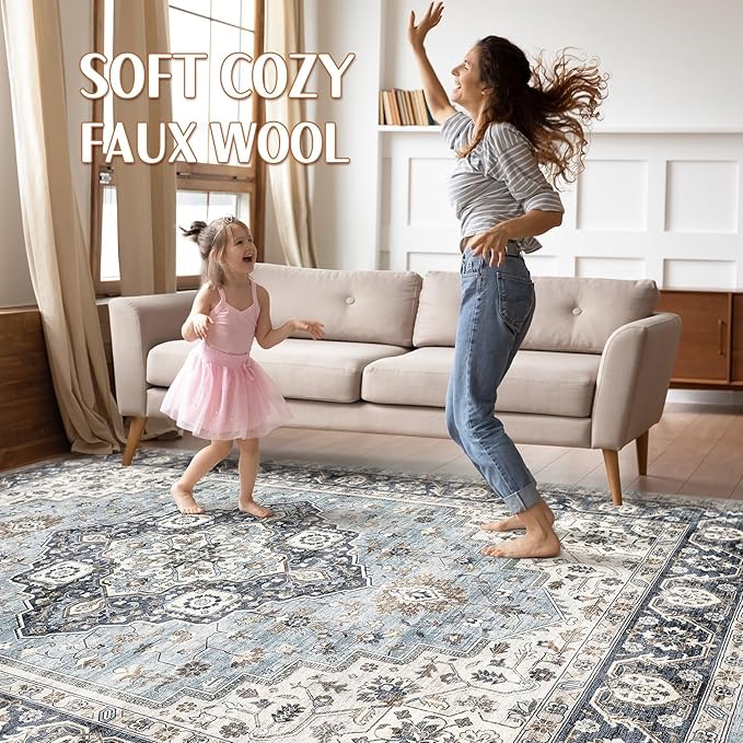 7x10 Area Rug Living Room: Washable Boho Large Neutral Vintage Soft Rug Stain Resistant Farmhouse Non-Slip Indoor Floor Carpet for Bedroom Nursery Kids Office Dining Room Home House- Blue Tan