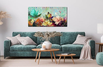 GUGIKA Flower Wall Art for Living Room, Colorful Floral Canvas Wall-Art for Bedroom, Watercolor Lotus Print, Large Size 59x29 Inches