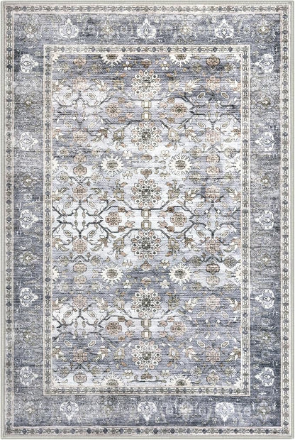 KUTA Vintage Floral 3x5 Rug, Washable Non-Slip Entryway Rug & Kitchen Carpet, Ultra Thin Soft Low-Pile Oriental Throw in Grey Blue, Distressed Print for Living Room Dorm, Entry Décor