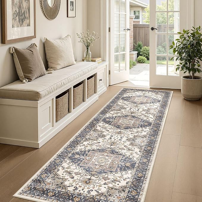 Washable 3x8 Runner Rugs: Non Slip Vintage Blue Beige Area Rugs for Living Room, Large Soft Stain Resistant Indoor Floor Carpets for Bedroom Dining Room Nursery Home Office Kid & Pet Friendly