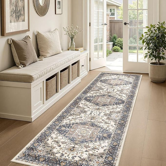 Washable 3x8 Runner Rugs: Non Slip Vintage Blue Beige Area Rugs for Living Room, Large Soft Stain Resistant Indoor Floor Carpets for Bedroom Dining Room Nursery Home Office Kid & Pet Friendly