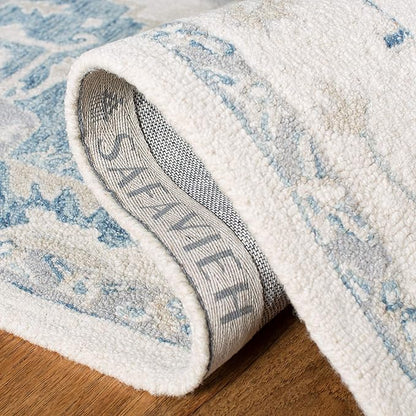 SAFAVIEH Micro-Loop Collection 3' x 5' IvoryNavy MLP503L Handmade Shabby Chic Medallion Premium Wool Entryway Living Room Foyer Bedroom Accent Rug