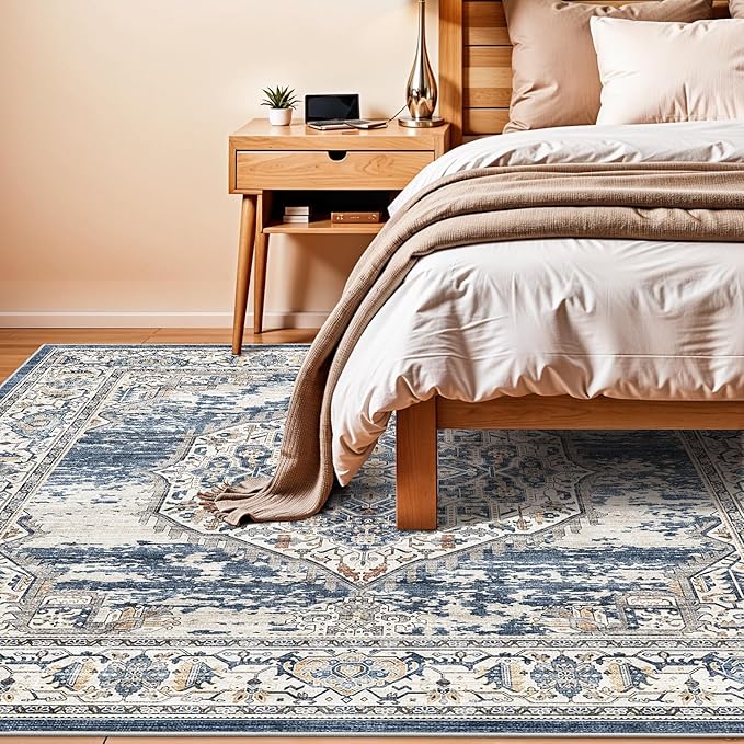 7x7 Area Rug Washable Living Room Rugs: 7ft Square Ultra Thin Soft Oriental Area Rugs Non-Slip Backing Farmhouse Rug Low Pile Thin Stain Resistant Indoor Carpets, 7' x 7' Blue