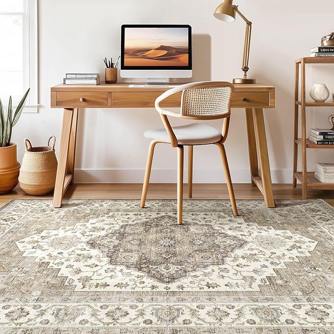 9x12 Area Rug Living Room: Washable Boho Large Neutral Vintage Soft Rug Stain Resistant Farmhouse Non-Slip Indoor Floor Carpet for Bedroom Nursery Kids Playroom Office Dining Room Home- Brown Beige