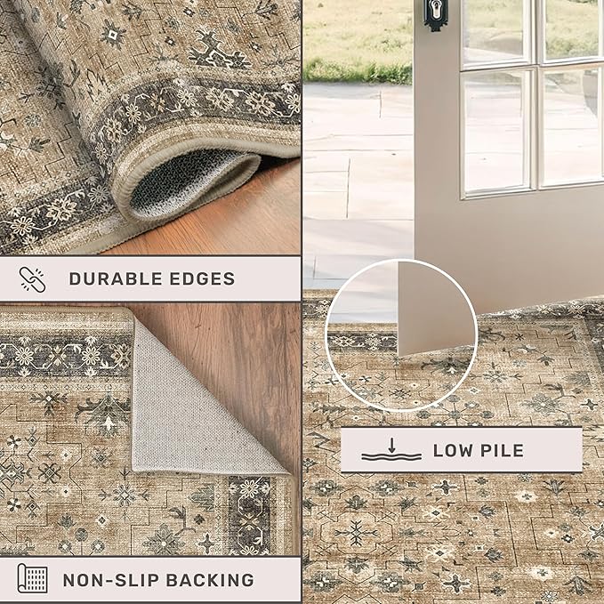 Hazo Haus Washable 2x3 Entry Rug Front Door Indoor, Bohemian Kitchen Floor Rug, Non-Slip & Stain Resistant, Vintage Desert Taupe Sage Farmhouse Floral Décor