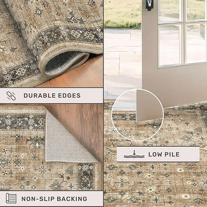 Natural Sage Taupe 2x6 Entryway Runner Rug, Kitchen Floor Mat for Indoor Entrance and Bathroom, Washable Vintage Earthy Decor, Non-Slip Stain Resistant Low-Pile Throw Rug