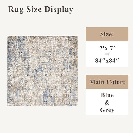 ZHXXUJ 7x7 Square Washable Area Rug, Non-Slip Indoor Rug for Living Room Bedroom Dining Room, Low Pile Stain Resistant Modern Abstract Neutral (Blue Brown)