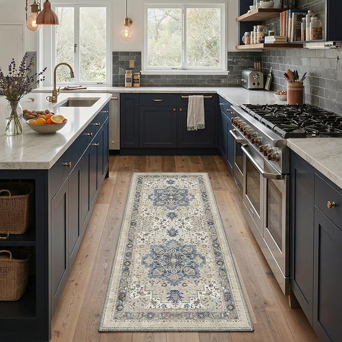 GENIMO 2x6 Runner Rugs for Hallway, Machine Washable Non Slip Vintage Rugs, Low Pile Lightweight Soft Print Carpet for enrtyway, Corridor, Home Office, Kitchen, Blue Cream