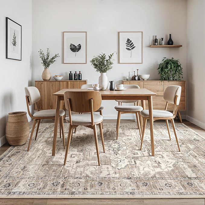 Area Rug 10x14 Washable Vintage - Soft Traditional Rug for Living Room Bedroom Dining Room or Home Office -Non Slip Backing Large Rugs with Low Pile Farmhouse Oriental Retro Carpet - Tea Brown