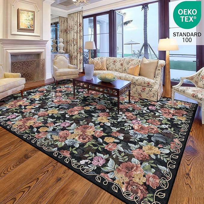 8x10 Machine Washable Area Rug for Living Room, Dark Blue Black Vintage Boho Floral Rug Large Non-Slip Low Pile Soft Faux Wool Carpet Kids and Pets Friendly for Bedroom Dining Room Farmhouse Decor Rug