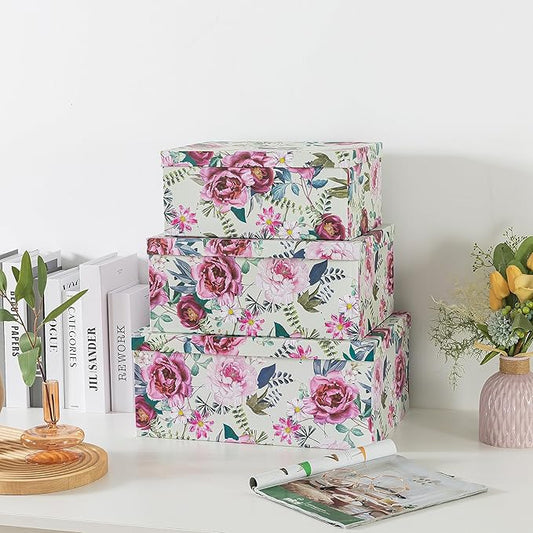 Soul & Lane Decorative Cardboard Storage Boxes with Lids for Home Decor and Organization, Set of 3 Large Keepsake Boxes for Memories & Gifts, Nesting Floral Photo Storage Containers, Floral Luxe