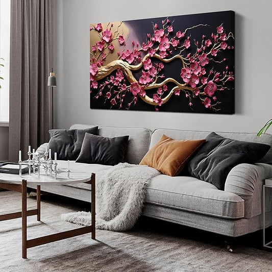 Ouzzlie Flower Wall Decor for Office Plum Blossom Tree Picture Black Canvas Art Gold Artwork Print for Bedroom Living Room 24" x 48"