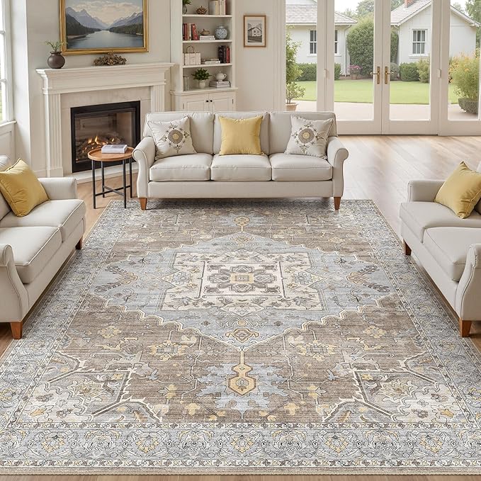 8x10 Washable Area Rugs for Living Room: Non Slip Vintage Brown Gray Rug, Large Soft Stain Resistant Indoor Floor Carpets for Bedroom Dining Room Nursery Home Office Kid & Pet Friendly