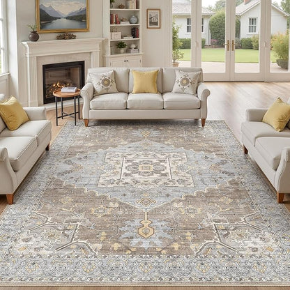 8x10 Washable Area Rugs for Living Room: Non Slip Vintage Brown Gray Rug, Large Soft Stain Resistant Indoor Floor Carpets for Bedroom Dining Room Nursery Home Office Kid & Pet Friendly