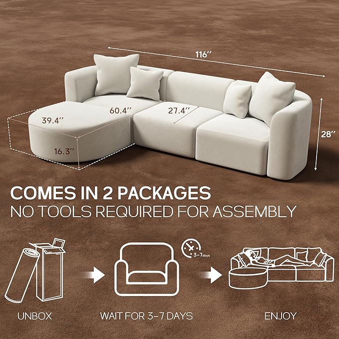 116" Modular Sectional Couches with Ottoman, Luxury Modern Curved Back Sofa, Minimalist Style Oversized 4 Seat Deep Comfy Convertible L Shape Boneless Couch for Living Room Studio Apartment, Beige