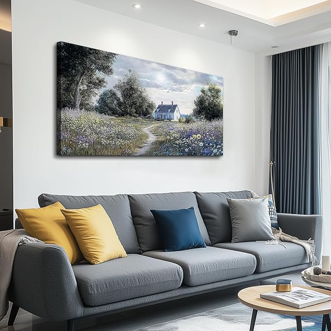 KELIYUAN Canvas Wall Art For Living Room Bedroom Wall Decor For Office Farmhouse Mural Retro Pastoral Flower Sea Landscape Painting Room Hallway Prints Artwork Picture Wall Decoration 20x40 Inches