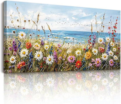 SERIMINO Large Wall Art, Beach Wall Art, Floral Wall Decor, Seaside Landscape Painting Decoration, Colorful Wildflowers Canvas Prints, Nature Pictures for Living Room Hallway Rustic Farmhouse 24"x48"