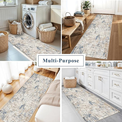 2x6 Washable Non-Slip Hallway Runner Rug – Modern Abstract Soft Carpet Runner for Kitchen, Bedroom with Rubber Backing – Low-Pile Thin Stain-Resistant Rug for Laundry Room, Entryway（Blue Brown）