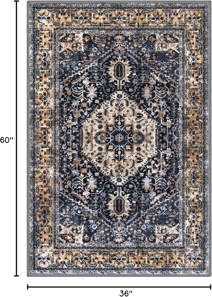 KOZYFLY Boho Area Rug 3x5 Ft Rugs for Entryway Washable Entry Rug Non Slip Door Mat Indoor Entrance Gold/Orange/Navy Printed Faux Wool Vintage Kitchen Rug Throw Rugs for Entrance