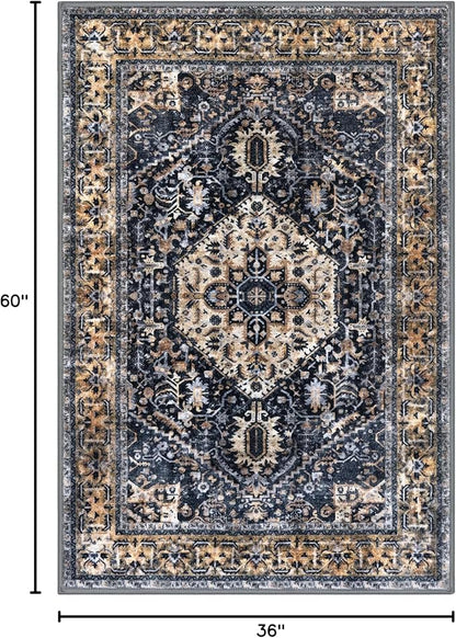 KOZYFLY Boho Area Rug 3x5 Ft Rugs for Entryway Washable Entry Rug Non Slip Door Mat Indoor Entrance Gold/Orange/Navy Printed Faux Wool Vintage Kitchen Rug Throw Rugs for Entrance
