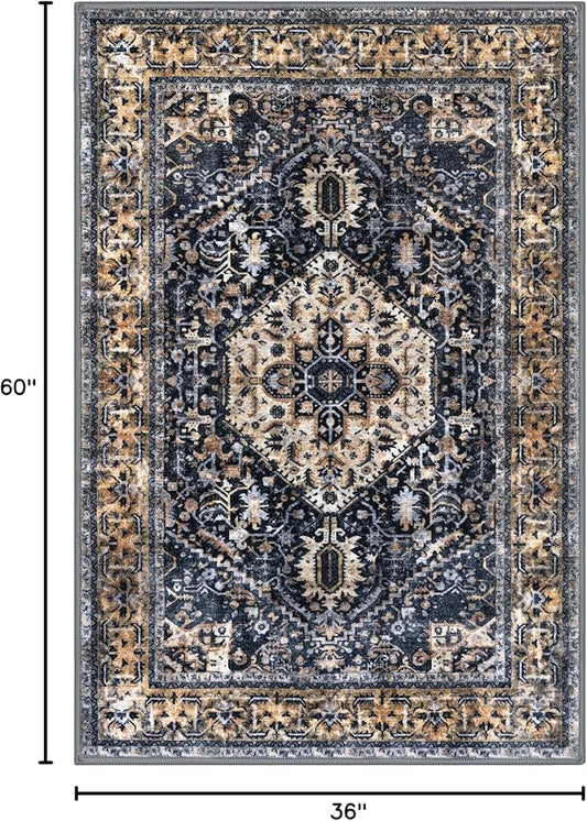 KOZYFLY Boho Area Rug 3x5 Ft Rugs for Entryway Washable Entry Rug Non Slip Door Mat Indoor Entrance Gold/Orange/Navy Printed Faux Wool Vintage Kitchen Rug Throw Rugs for Entrance
