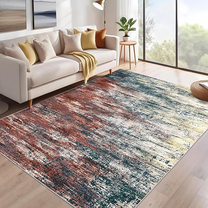 ROYHOME Washable Rug 5x7 Abstract Area Rug for Living Room, Non Slip Foldable Soft Rugs for Bedroom, Stain Resistant Rugs Modern Fuzzy Rug, Indoor Floor Carpet for Entryway Home, Red Multi