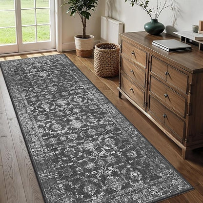 3x8 Black Runner Rug Hallway Washable Area Rugs Kitchen Vintage Boho Non Slip Long Rug Floral Carpet Indoor Retro Soft Low Pile Throw Rug for Bedroom Bathroom Laundry Dining Living Room Office