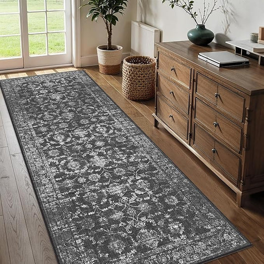 3x8 Black Runner Rug Hallway Washable Area Rugs Kitchen Vintage Boho Non Slip Long Rug Floral Carpet Indoor Retro Soft Low Pile Throw Rug for Bedroom Bathroom Laundry Dining Living Room Office