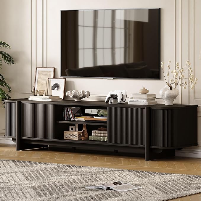 Vabches 70" Mid Century TV Stand for TVs up to 80 Inch,Fluted Entertainment Center with Storage and Adjustable Shelves,Modern Media Console Table for Living Room,Bedroom,Black