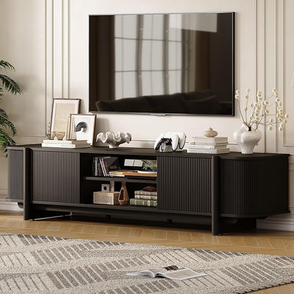 Vabches 70" Mid Century TV Stand for TVs up to 80 Inch,Fluted Entertainment Center with Storage and Adjustable Shelves,Modern Media Console Table for Living Room,Bedroom,Black