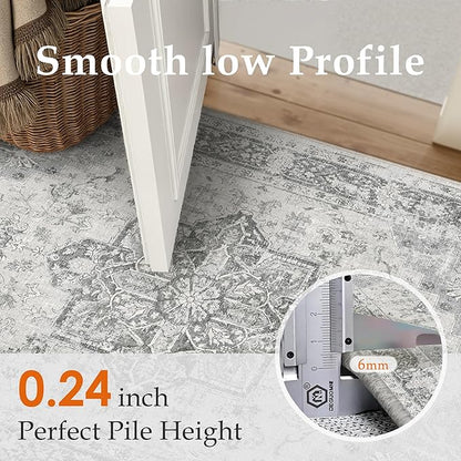 PureCozy Gray 8x10 Area Rug Washable Vintage Living Room Carpet Non Slip Retro Distressed Low Pile Soft Oriental Medallion Thin Large Grey Throw Rug for Office Bedroom Dining Room Playroom