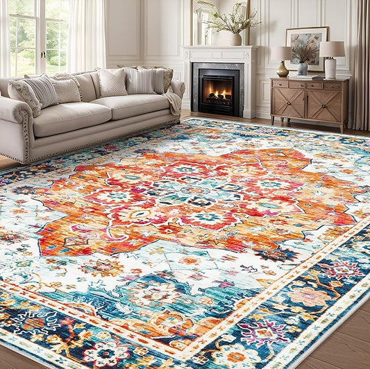 8x10 Area Rugs for Living Room, Machine Washable Vintage Rug, Non-Slip Low Pile Throw Rugs with Rubber Backing Washable Carpet for Bedroom Dining Room Kitchen Home Decor, Orange