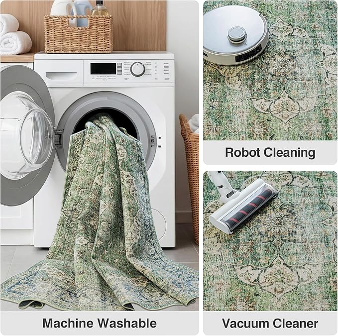 FMFUNCTEX 6x9 Green Washable Area Rug Vintage Distressed Oriental Non Slip Low Pile Neutral Indoor Carpet for Living Room Bedroom Soft Retro Floral Thin Large Rug for Dining Nursery Office Dorm