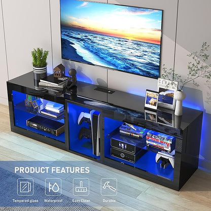 Vinctik 6&Fox LED TV Stands w/Power Outlet,60,00-Colors Lighting for 65 70in TV, 63" Modern High Gloss Entertainment Center,TV Console W/Adjustable Glass Shelves for Living Room Game Bedroom (Black)