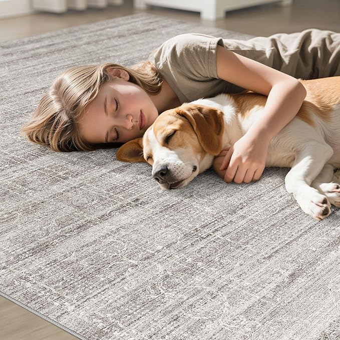 9x12 Area Rug Living Room: Washable Large Neutral Soft Rug Farmhouse Stain Resistant Indoor Non-Slip Floor Carpet for Bedroom Nursery Kids Playroom Office Dining Room Dorm- Gray Brown