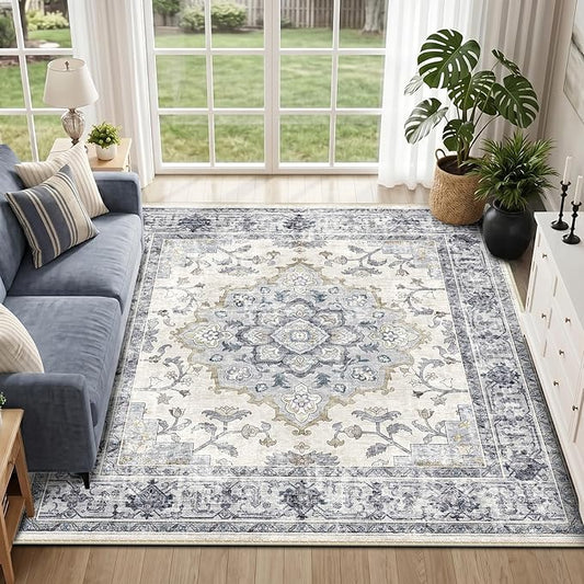 CAPALOCA Machine Washable Rugs Nursery Rug 6x9 Cute Girl Non Slip Low Pile Water Repellent Soft Print Pattern for Bedroom Indoor Decor Kids Playroom Blue White