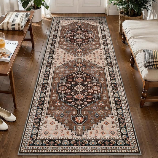 Tangsoo 2x5 Washable Runner Rug for Hallway,Non Slip Vintage Rug Runner for Entryway,Brown Beige Floral Soft Low Pile Floor Carpet Runner for Kitchen Bedroom Laundry Bathroom