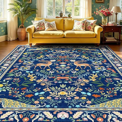 5x7 Blue Rugs for Living Room, Stain Resistant Non Slip Area Rug for Dining Room, Bedroom Floral Décor Indoor Carpet, Low Pile & Soft