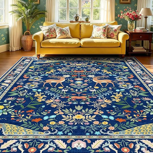 5x7 Blue Rugs for Living Room, Stain Resistant Non Slip Area Rug for Dining Room, Bedroom Floral Décor Indoor Carpet, Low Pile & Soft
