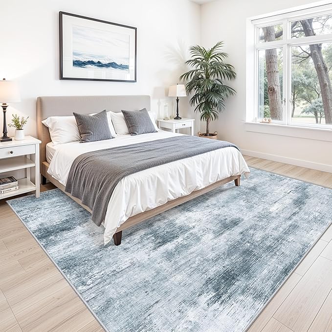 10x10 ft Square Living Room Rug – Washable Modern Abstract Area Rug for Bedroom, Dining Room, Playroom – Neutral Non-Slip Low-Pile Thin Indoor Carpet (Misty Blue Gray)