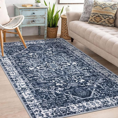 KOZYFLY Boho Area Rug 3x5 Ft Rugs for Entryway Washable Entry Rug Non Slip Door Mat Indoor Entrance Printed Faux Wool Throw Rugs for Entrance Kitchen Living Room, Navy/Grey