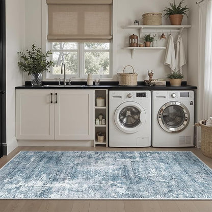 Soalmost Runner Rug 2'x6' Abstract Washable Non-Slip Runner Rugs for Kitchen Bathroom Laundry Room Blue Vintage Floor Carpet Runners for Hallway Entryway