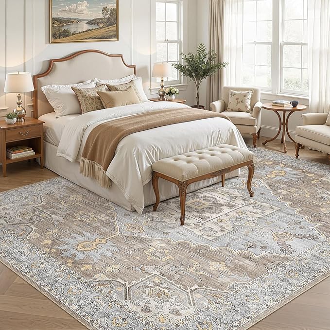 8x10 Washable Area Rugs for Living Room: Non Slip Vintage Brown Gray Rug, Large Soft Stain Resistant Indoor Floor Carpets for Bedroom Dining Room Nursery Home Office Kid & Pet Friendly