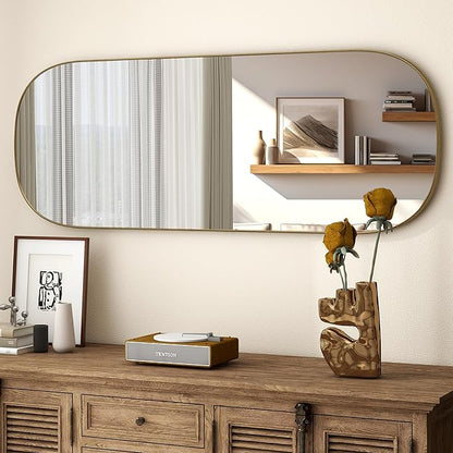Wall Mirror Decorative Metal Gold Wall-Mounted Mirrors, 47"x18" Oval Tall Mirror for Wall, Full Length Mirrors, Large Bathroom Vanity Mirror Iron Brushed Gold Frame