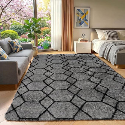 ONASAR 7x9 Area Rugs for Living Room Bedroom, Large Fluffy Grey and Black Throw Rug, Geometric Soft Plush Shaggy Floor Carpet for Nursery Kids Girls Boys Teen Dorm Home Decor Aesthetic